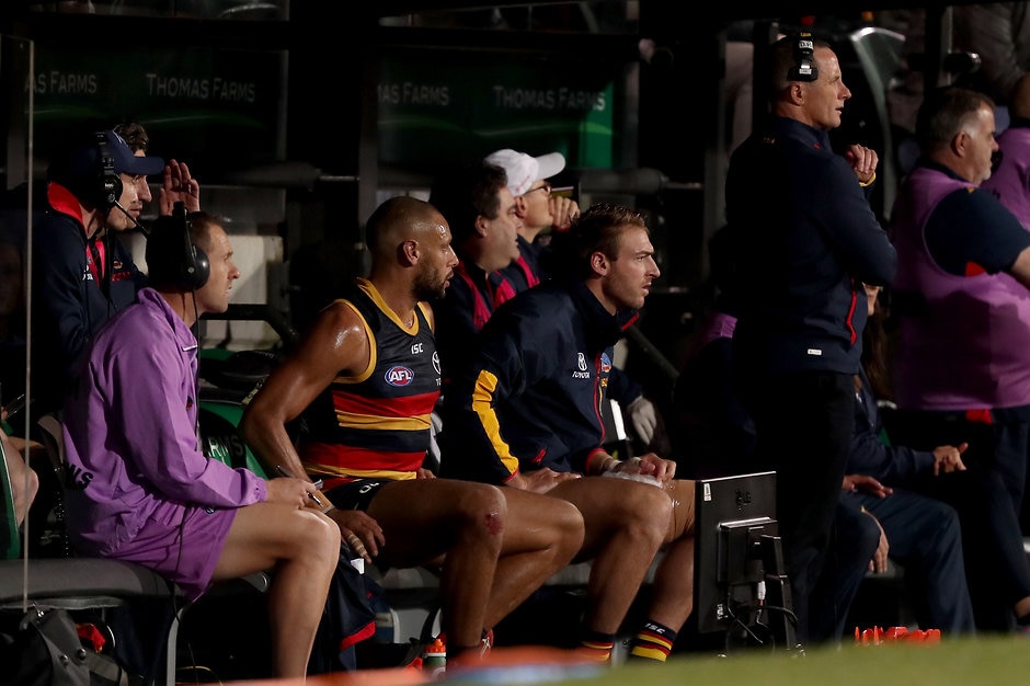 AFL 2019 Round 13 - Adelaide v Richmond ADELAIDE, AUSTRALIA - JUNE 13: Daniel Talia of the Crows on the bench during the 2019 AFL round 13 match between the Adelaide Crows and the Richmond Tigers at Adelaide Oval on June 13, 2019 in Adelaide, Australia. (Photo by James Elsby/AFL Photos)