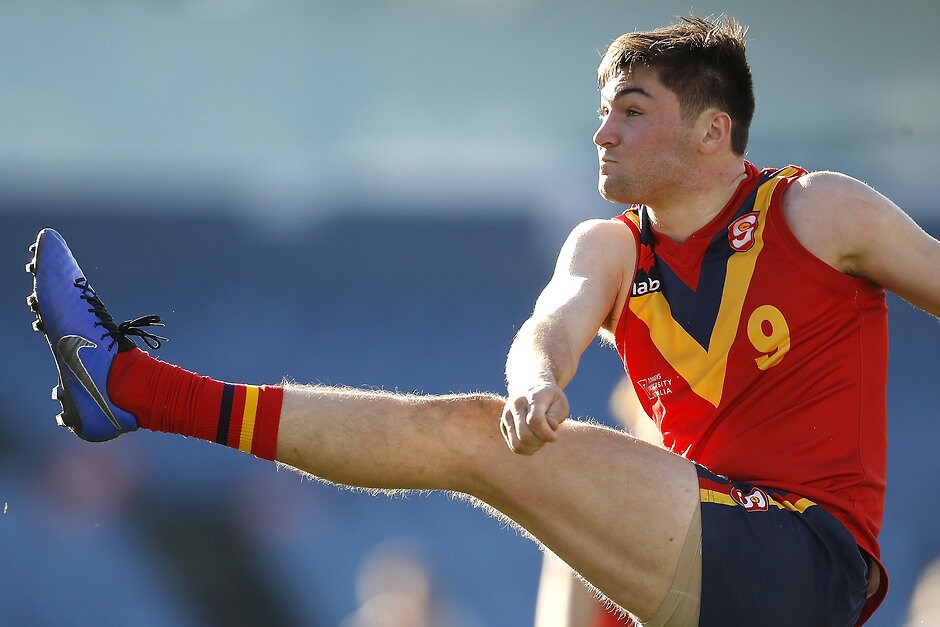 AFL 2019 U18 Championships - Vic Country v South Australia GEELONG, AUSTRALIA - JUNE 28: Cameron Taheny of South Australia kicks the ball during the AFL 2019 U18 Championships match between Vic Country and South Australia at GMHBA Stadium on June 28, 2019 in Geelong, Australia. (Photo by Dylan Burns/AFL Photos)