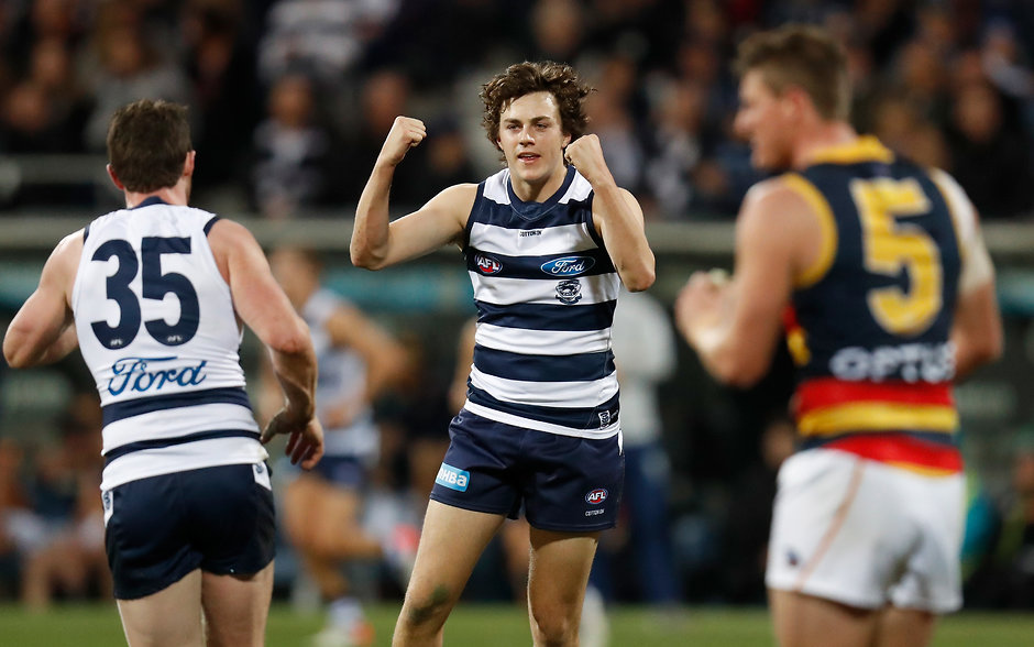 AFL 2019 Round 15 - Geelong v Adelaide Jordan Clark celebrates a goal against the Crows - AFL,Rising Star,Geelong Cats,Jordan Clark