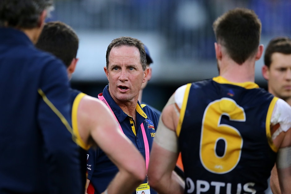 AFL 2019 Round 21 - West Coast v Adelaide Don Pyke speaks to his players during their loss to West Coast - Collingwood Magpies,Adelaide Crows