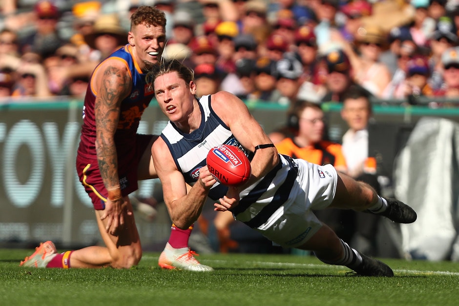 AFL 2019 Round 22 - Brisbane v Geelong Defender-turned-ruckman Mark Blicavs in action for the Cats against the Lions - AFL,Tag-Fantasy,Fantasy