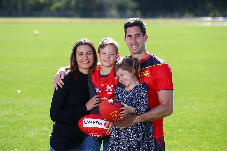 AFL 2019 Media - Michael Rischitelli Retirement Michael Rischitelli with wife Jo and children Lia and Kai after announcing his retirement - AFL,Gold Coast Suns,Michael Rischitelli,Retirements,Delistings