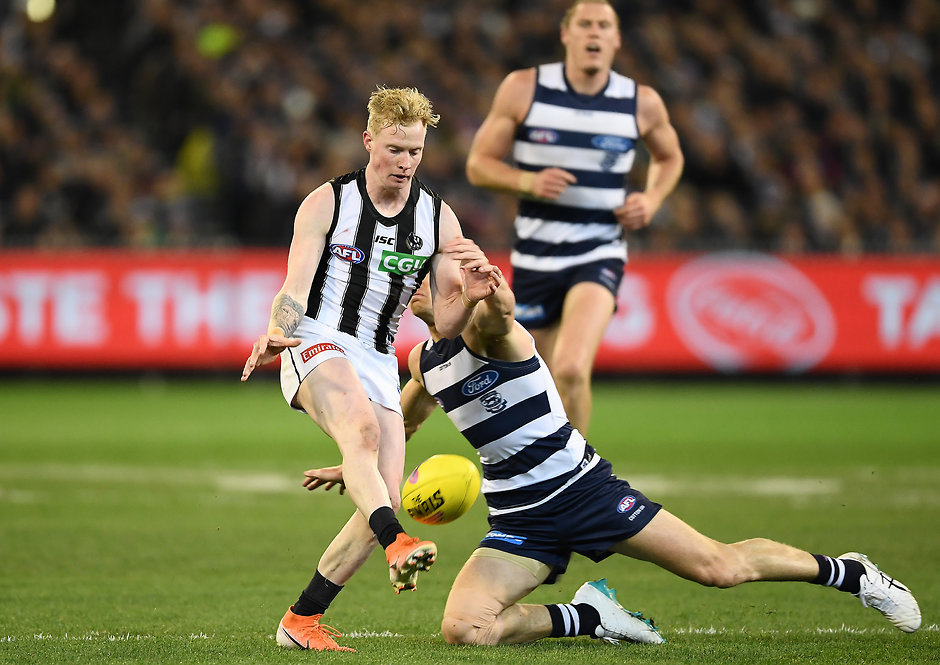 AFL 2019 First Qualifying Final - Geelong v Collingwood John Noble in action against the Cats in Friday night's qualifying final - Collingwood Magpies,Geelong Cats